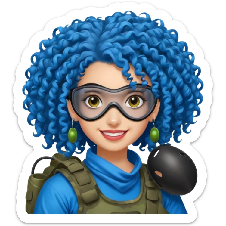 blue curly haired paintball player girl with huge earrings, wearing paintball mask sticker