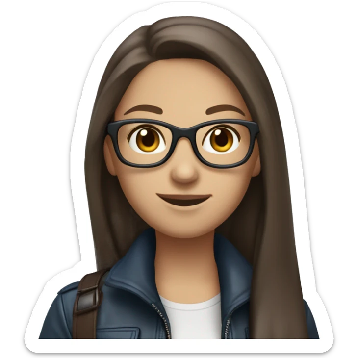 Slavic girl with long straight brown hair, fair skin, dark brown eyes, smile, black glasses, wearing a blue scarf around her neck and a leather jacket. sticker