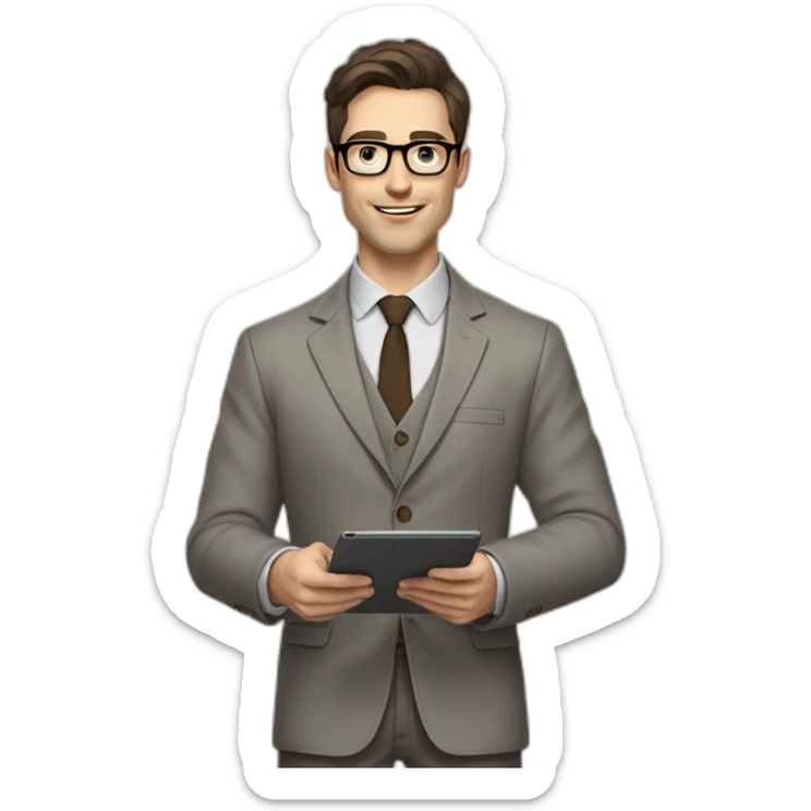 Pale skinned fit man with dark brown hair in gray jacket, beige office shirt, brown tie, brown pants and vintage glasses Writing on the tablet sticker