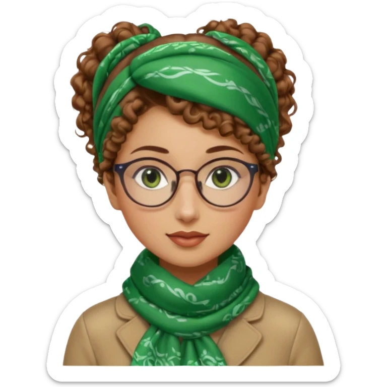 iranian woman, tight curly light brown hair in one high pony tail, glasses, green eyes, pretty, oval shape face, no hajib, scarf on neck sticker