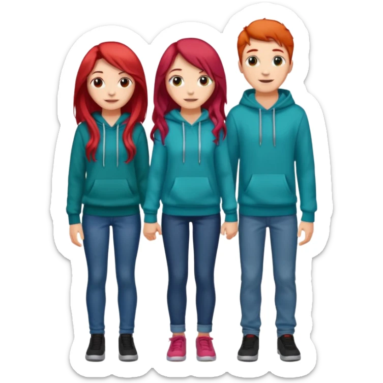 full-length happy couple, girl with long teal hair and brown eyes in colorful sweater, boy with red hair in jeans and hoodie sticker