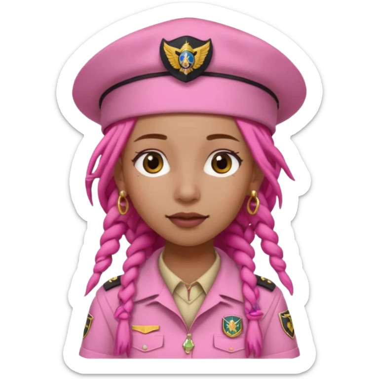 scout girl with pretty pink uniform, pink dreadlocks, and big earrings and scouts hat sticker
