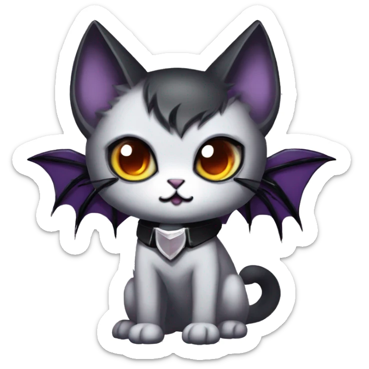   cool edgy kawaii ethereal dark-punk-themed animal vampiric cat-hybrid Fakemon with fangs and bat-wing-ears with a collar full body sticker