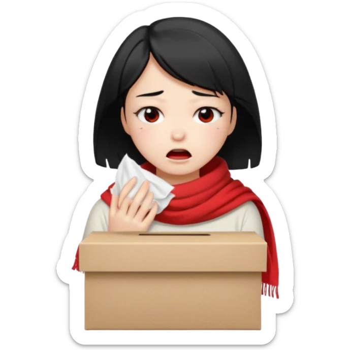 a pretty bratz fair girl crying in a loose oversized off white tshirt and red scarf with short black hair with a tissue box sticker