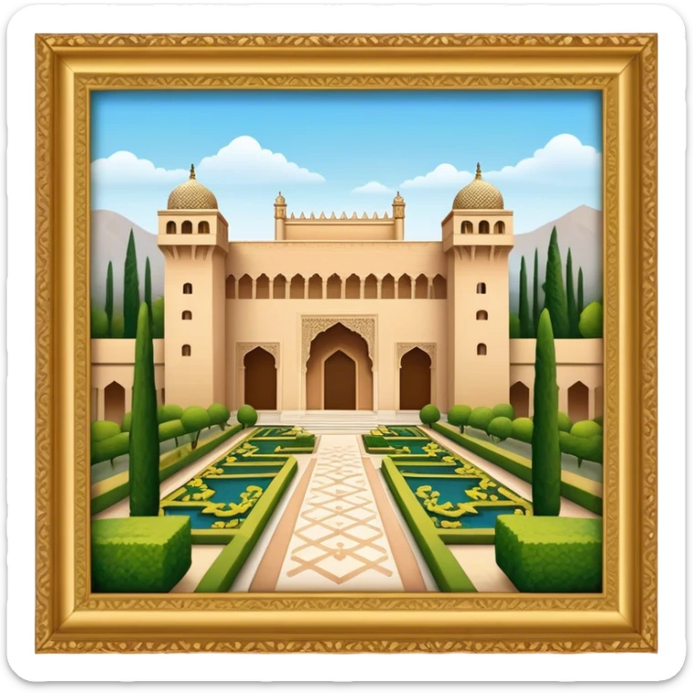 Cinematic Realistic Alhambra Landmark Emoji, showcasing the ornate historic palace with lush gardens rendered with rich textures and soft, majestic lighting. sticker