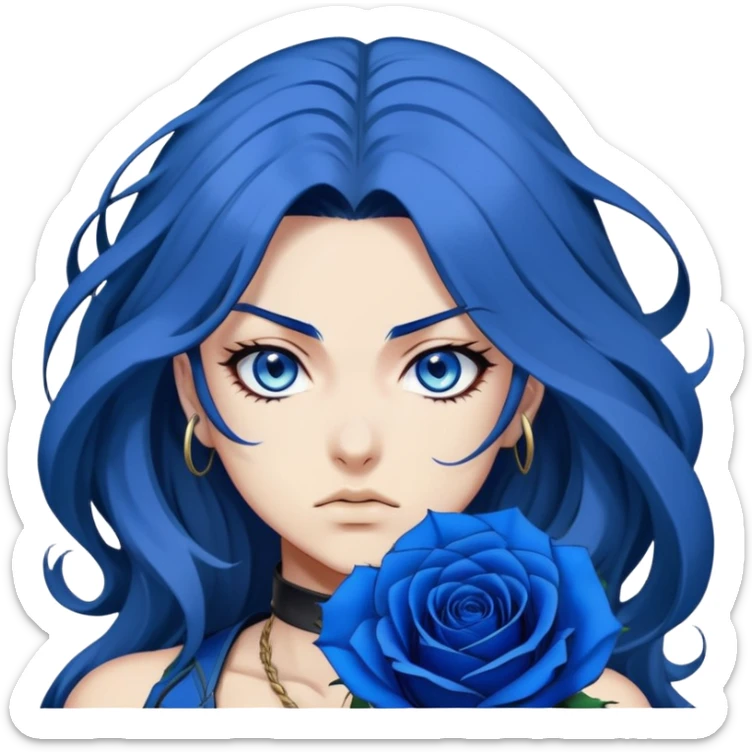 head portrait of anime girl with long dark blue hair, blue rose in hair, fierce blue eyes, extremely intense JoJo's Bizarre Adventure style expression, dramatic angle, bold outlines, strong shading sticker