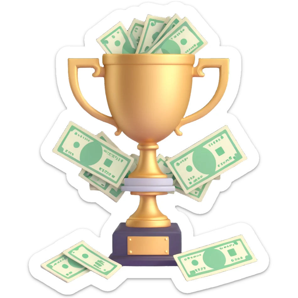 highly-detailed, realistic 3D icon of a big trophy packed with US currency, vivid lighting, transparent background sticker