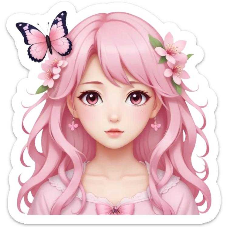 A Gorgeous Beautiful Anime Lady Sakura Cherry Blossom and Pretty Hair, pastelcore aesthetic, pastel pink and white, butterfly, Fairycore sticker