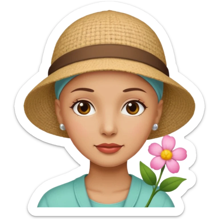 Woman with no hair wearing a cute hat with a flower on it sticker