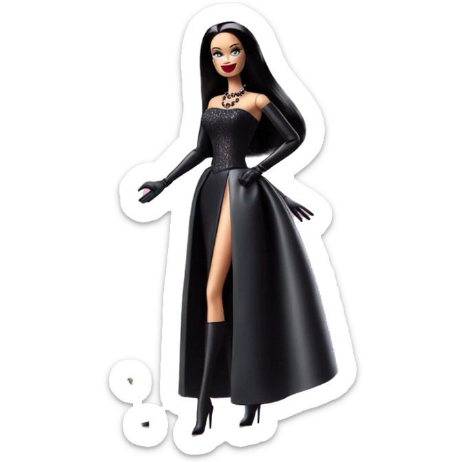 Stunning photo n the Spotlight Barbie, Morticia Addams,showing off, show full body,accessories  gloves  sticker