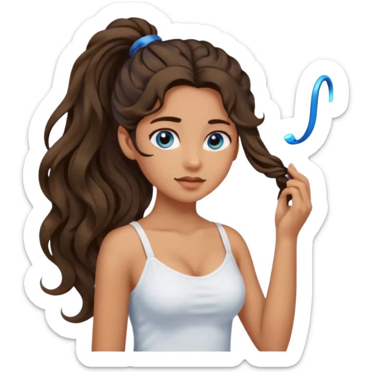 Girl with olive skin, blue eyes, brown dark insanely wavy long hair, white camisole, putting hair in a pony tail sticker