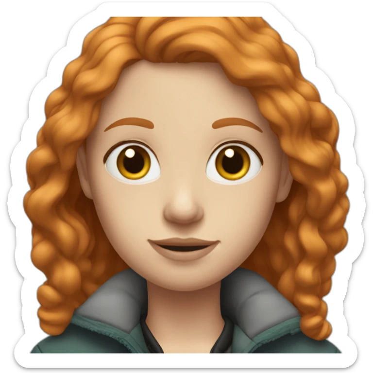 Straight ginger hair and blue eyes woman with a Canadian jacket sticker
