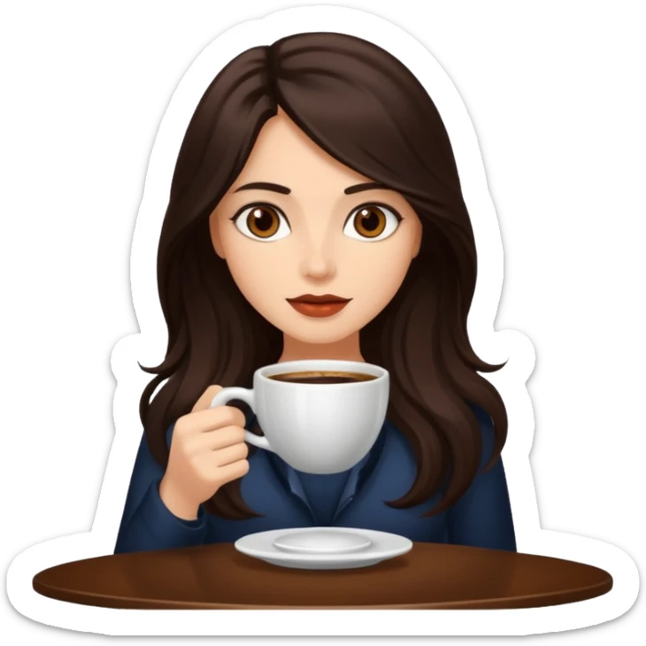 Dark Brown long haired sexy woman with dark brown eyes with cup of coffee sticker