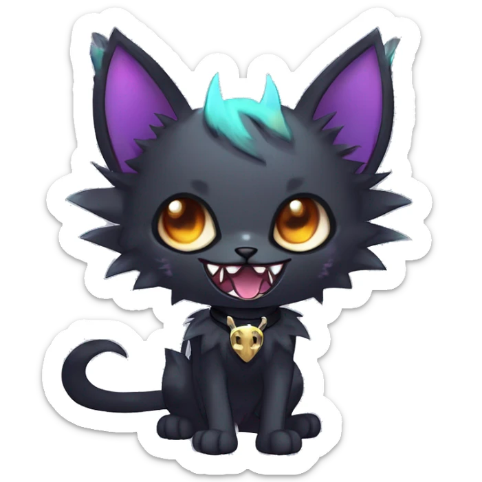   cool edgy beautiful anime-style ethereal dark-punk-themed animal vampiric cat-hybrid Fakemon with fangs and bat-wing-ears with a collar full body sticker
