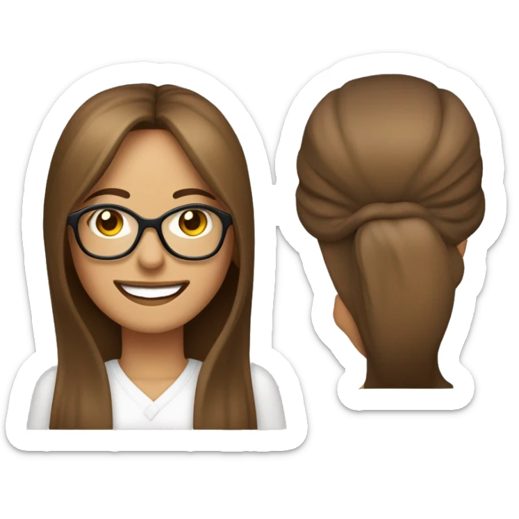 mujer de 42 años con gafas piel blanca sonrriendo car perfilada, ojos marrone grande cabello castaño y con iluminacines doraradas sticker