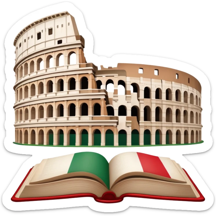 An icon featuring the Colosseum and the flag of Italy, symbolizing the Italian language. The design includes an open book with Italian phrases, representing language learning and cultural heritage. Transparent background sticker