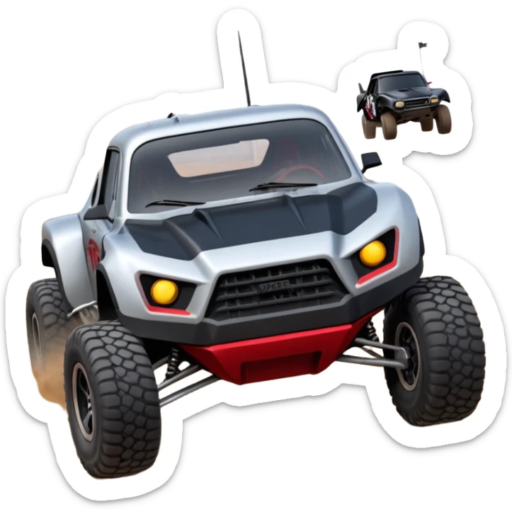 Satan’s and Vader (post race) Cabernet Dirty and dented Local Motors Rally Fighter off road race car hot rod trophy truck-style flying on a dusty road (silver wheels) sticker