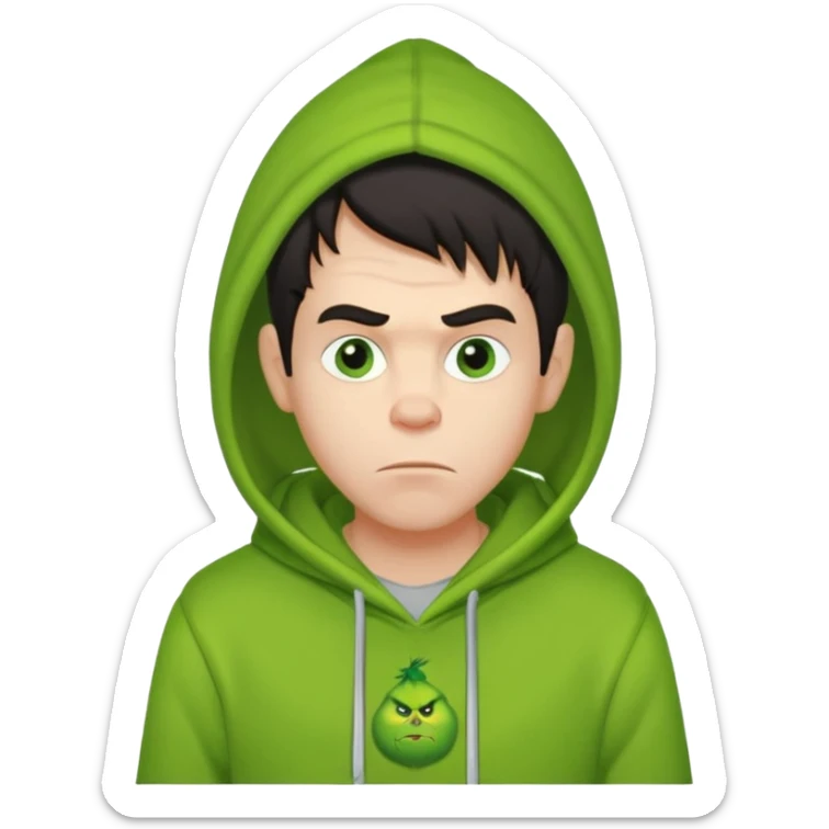 Create an avatar of white European with dark hair  male in hoodie with ``BST`` letters on it. Make background to look like from movie Grinch. make him look to left side sticker