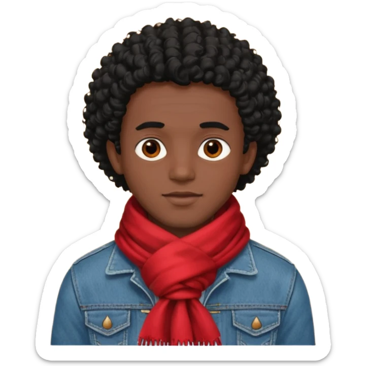 black skin man, curly black hair wear big red scraft, jean jacket sticker