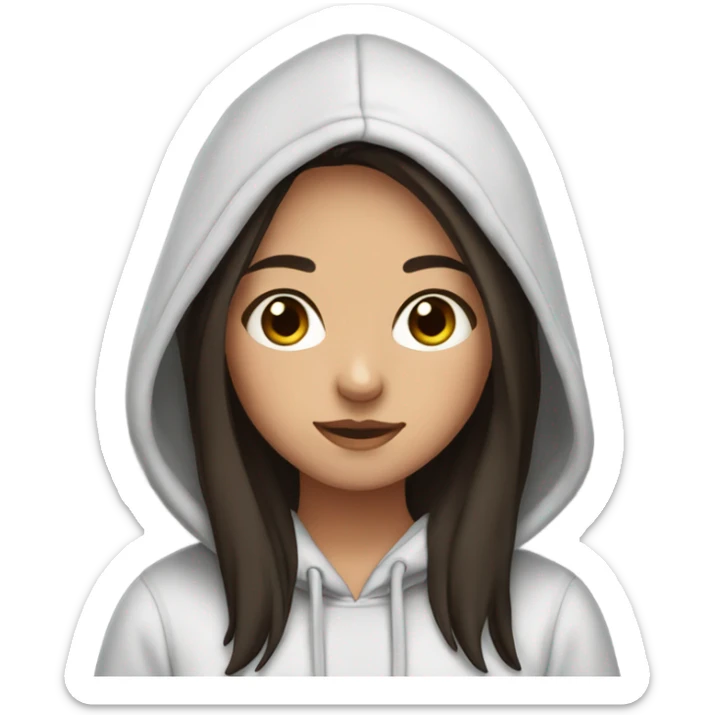 a girl with dark brown straight hair, dark eyes, 20 year old, with a cute hoodie  sticker