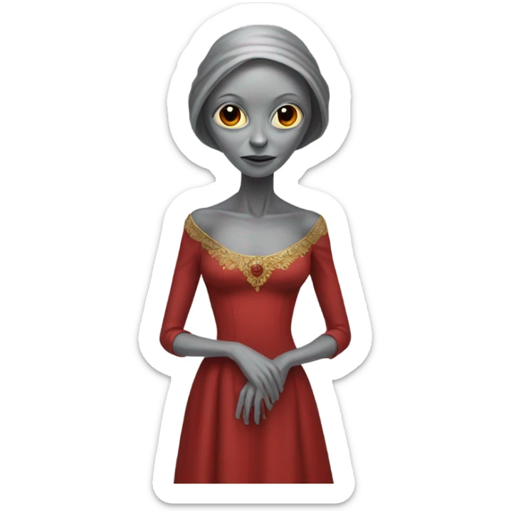 a gray alien woman, full body, in red Romanov dress sticker
