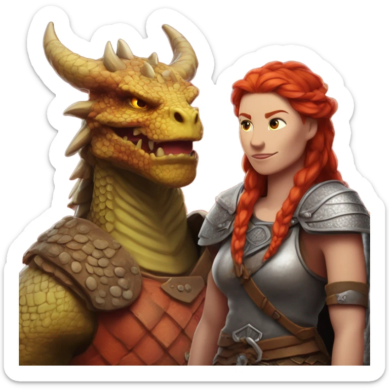 Viking red head dragon queen with a slain Viking solder with a man bun standing on a dragon flying over a volcano in a beautiful sky sticker