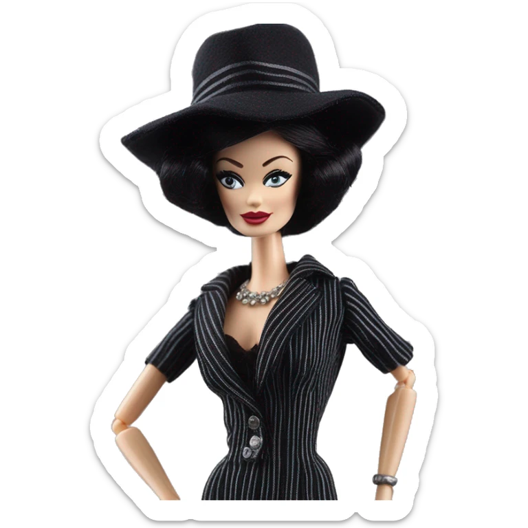 1926 Bouclé Beauty Lingerie Barbie, Morticia Addams from academy, in dark-gray and black striped outfit with hat. Driving 1965 Mercedes 190 sticker