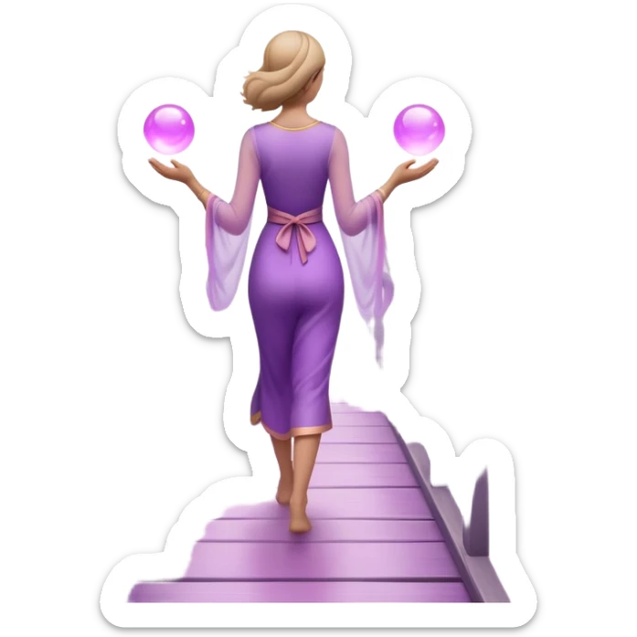 A small figure walks back across a foggy bridge, holding soft pink and purple orbs in each hand—symbolizing compassion and forgiveness. A gentle heart aura trails behind them, showing healing in motion. sticker