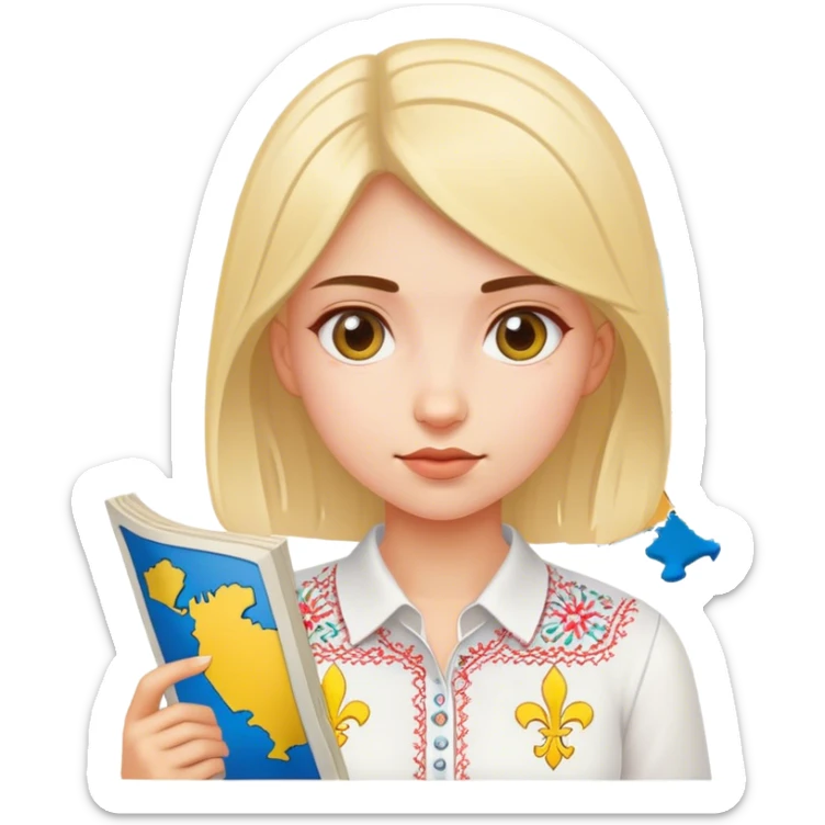 A Ukrainian girl in a white embroidered shirt holds a map of Ukraine sticker