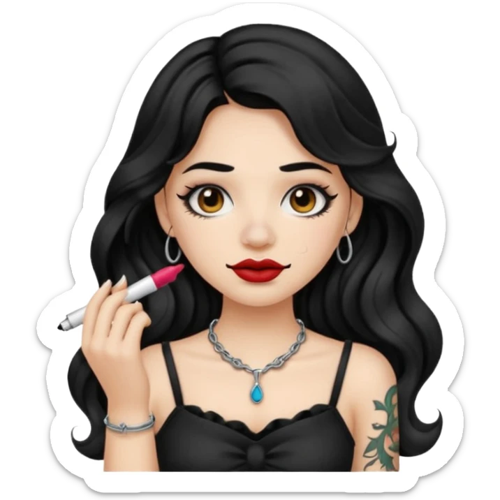I want to create a female emoji with long black wavy hair and collar bone tattoo that says “me before you” and she has her nose pierced and black lip stick sticker