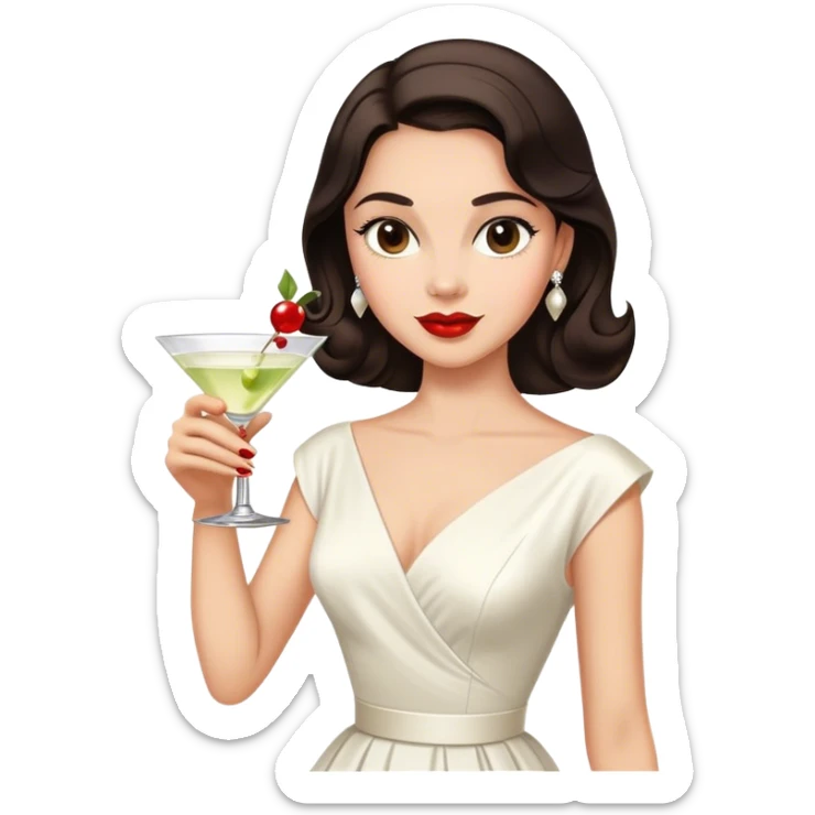 Beautiful woman in 1950’s woman fashion look, white dress, long dark brown hair, martini  sticker