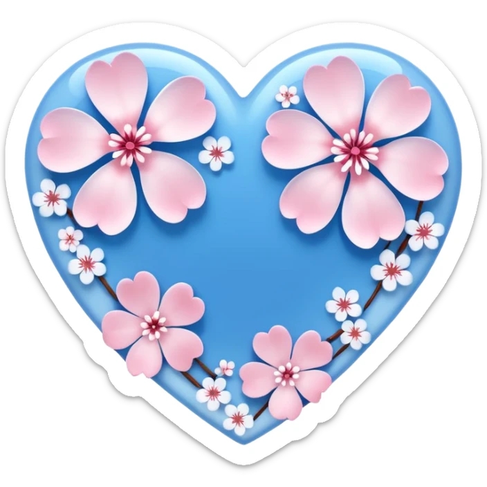  blue sakura heart, heart made of white sakura petals with pink accents, remove background sticker