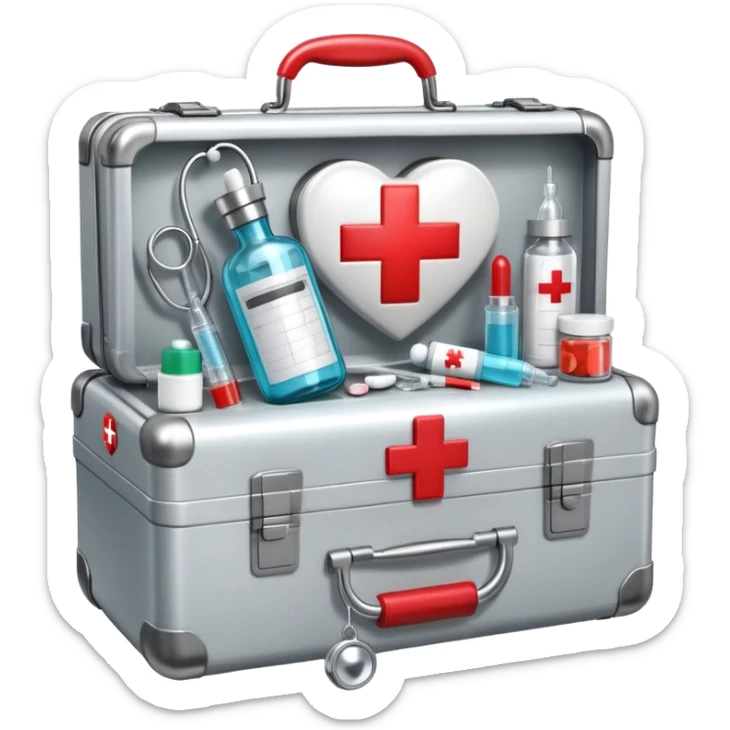 An icon featuring a medical suitcase with a red cross, a bottle of pills, a stethoscope, and a syringe, symbolizing medicine. The design includes a thermometer, bandages, and a heart monitor, representing healthcare and medical treatment. Transparent background highlights the science of healing. sticker