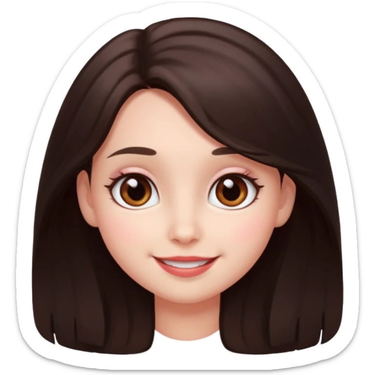 An emoji featuring a girl with dark brown long hair, brown big eyes, light pinkish skin, red cheeks,  sticker