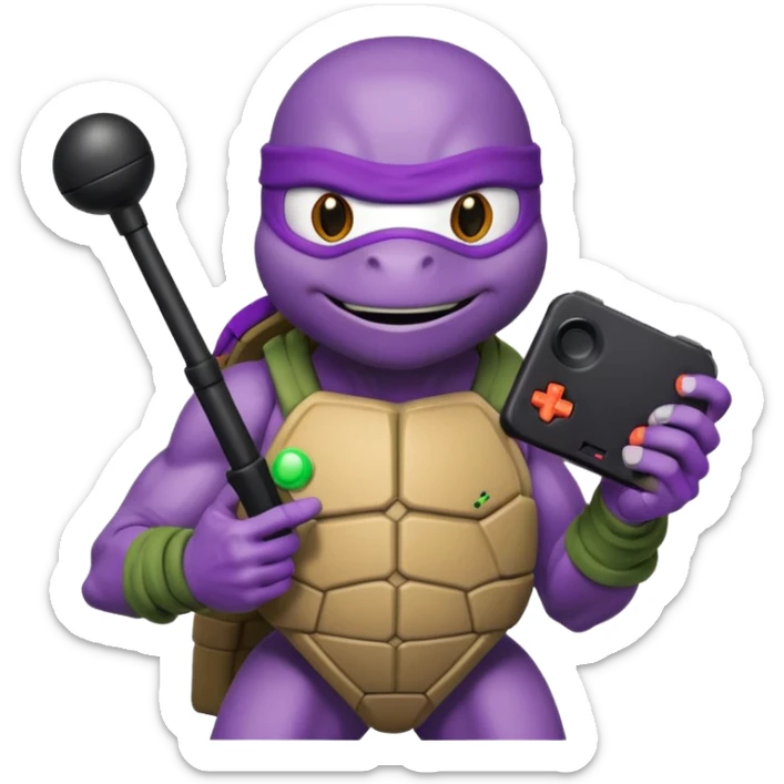 Donatello from Teenage Mutant Ninja Turtles, emoji style, holding a joystick and a tech gadget sticker