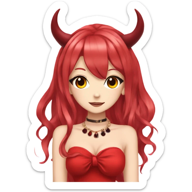 hime gyaru girl, devil horns, red hair, red dress sticker