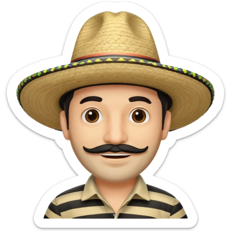 A happy fair skinned Colombian man with some facial hair wearing a black and beige stripped Colombian sombrero sticker