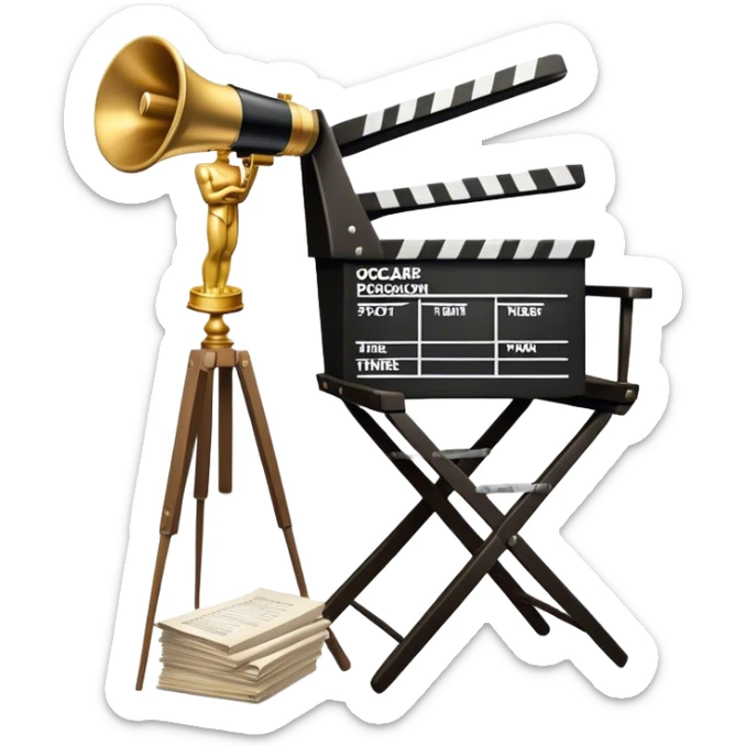 Icon for Directing: professional collage with director's chair, a film slate, a megaphone, a stack of script papers and an Oscar statuette. The icon should represent the creative and leadership aspects of directing, with focus on film and theater production. Transparent background. sticker