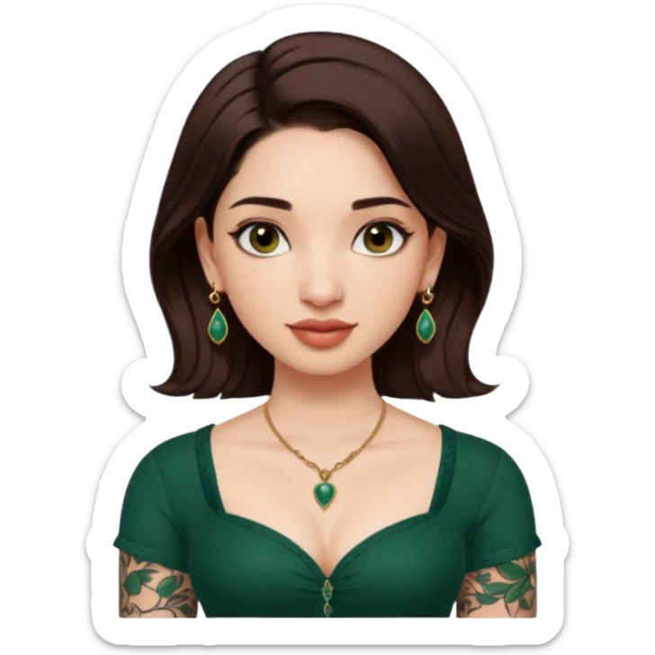 pretty bratz genmoji that looks like tamannah bhatia (bollywood actress), wearing a dark green sweetheart neckline top, dark brown hair, light makeup, no necklace, dangly earrings, side hair part, dark BROWN eyes, with full tattoos and neck tattoo big, fair sticker