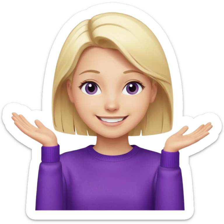 Emoji-style illustration of a joyful young woman, smooth, shiny, perfectly styled blonde hair, wearing a purple sweater, smiling widely with eyes sparkling, expressing happiness and excitement, cartoonish, expressive, simple lines, flat colors, clear silhouette sticker