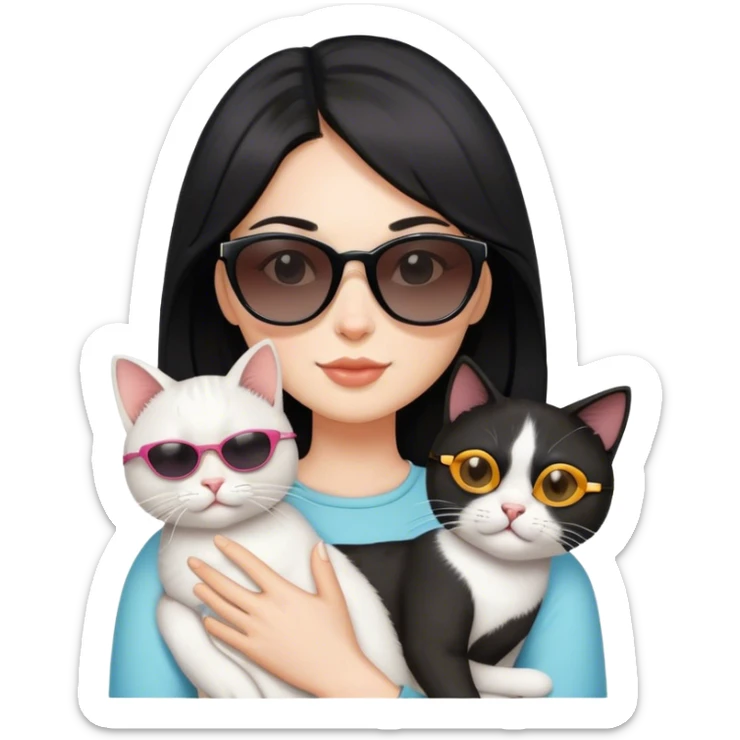 A black haired white female holding a cat, the cat is wearing sunglasses sticker