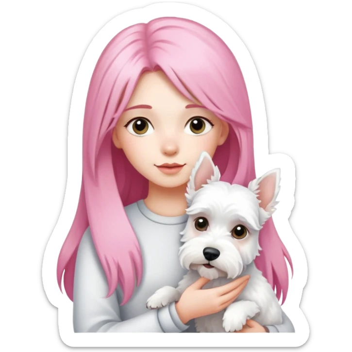 Girl with long pink hair holding a white schnauzer dog sticker