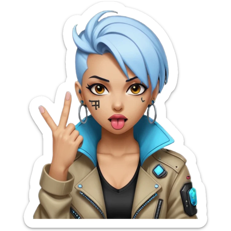 Woman with her tongue out in cyberpunk clothing and giving the middle finger. Looking naughty. sticker