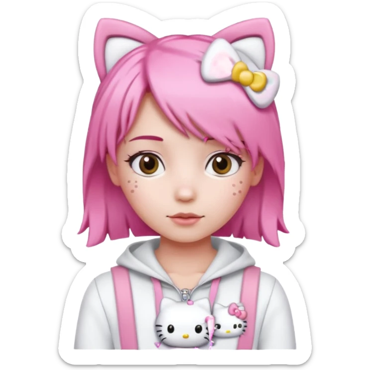 Female pink hair Wearing white and light pink clothing with hello kitty accessories sticker