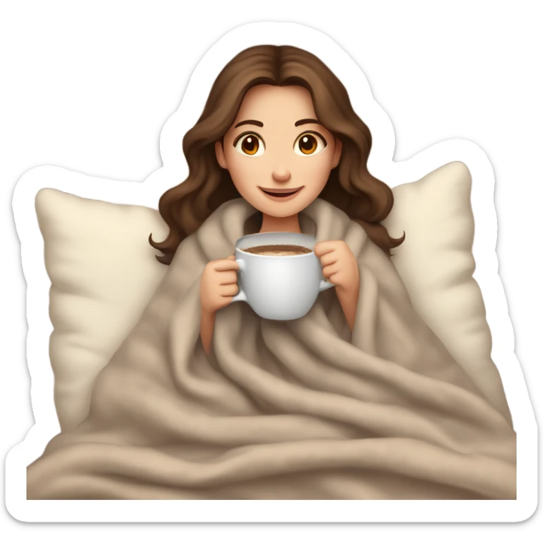 A cozy, heartwarming illustration of a beautiful girl with fair skin and brown hair, sitting comfortably under a soft blanket. She is holding a steaming cup of coffee with both hands, exuding warmth and relaxation. sticker