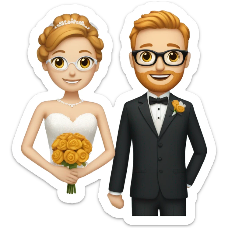 A bride and groom. Bride has dark blonde hair in a bun, blue eyes, wears a lace dress. Groom has ginger hair, wears black glasses, and a dark blue suit sticker
