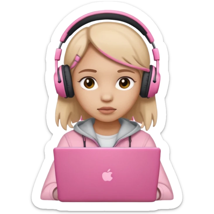 a girl with a pink laptop with headphones, color outline icon style, looking sad sticker