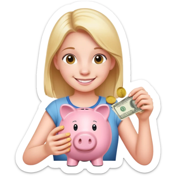 smiling girl carefully putting coins and bills into piggy bank sticker