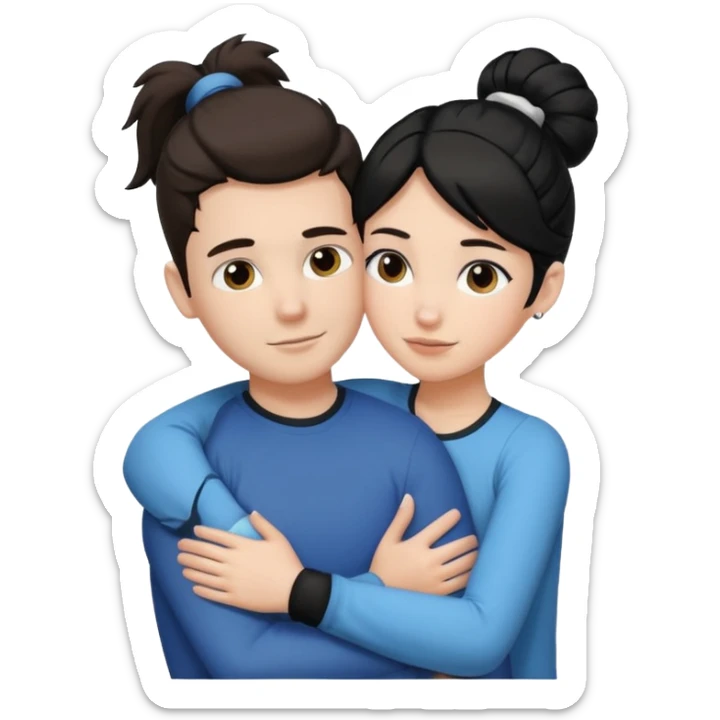 White boy with dark brown hair hugging white girl with black ponytail  sticker