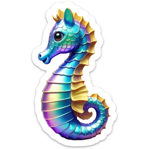 Cinematic Realistic Cute Sea Horse Portrait Emoji, Head tilted playfully and inquisitively, featuring a delicate, curvaceous form with intricately rendered, iridescent scales and a charming, expressive face with round, sparkling eyes full of gentle curiosity, high shine, affectionate and whimsical, styled with a touch of aquatic magic, soft glowing outline, capturing the essence of a mischievous yet lovable sea horse that seems poised to flutter out of the screen into your embrace! sticker